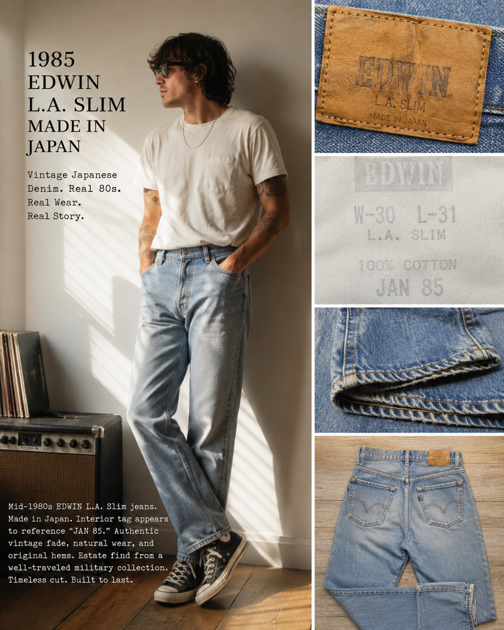 Edwin Vintage 1985 Natural Distressed  Mens  30/34 Retro Japan 80s Blue Jeans